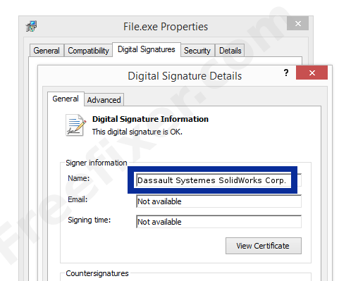 Screenshot of the Dassault Systemes SolidWorks Corp. certificate